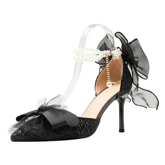 2024 Summer High Quality Glitter Rhinestone Pearl Bow Hollow Sandals with Thin Heel and Pointed Toe for Women in Black