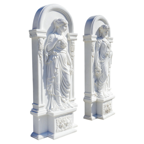 Carved White Marble Statues Pair Floral Alcove Decor