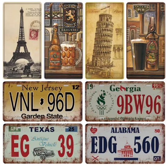 Retro Number License Metal Plates Sign Vintage Paris Tin Poster Sign Room Decoration Accessories Metal Art Wall Decor Plaque