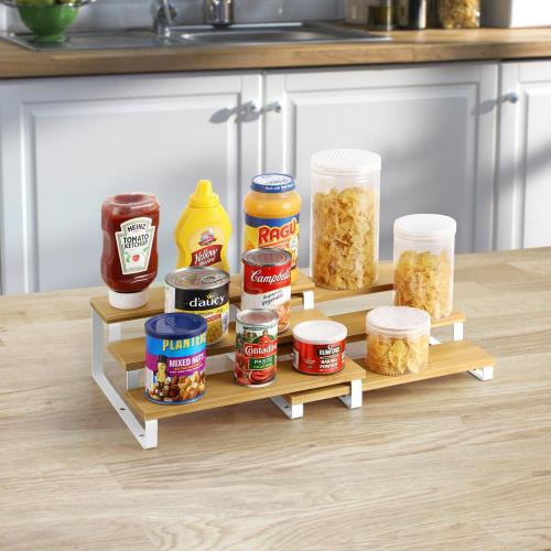 Bamboo Expandable Spice Rack 3 Tier Step Shelf