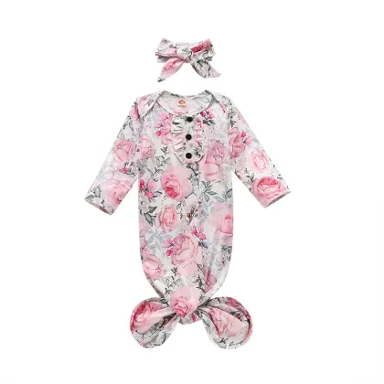 Newborn Baby Long Sleeve Knotted Gown Nightgown Sleeping Bags New Coming Home Outfit