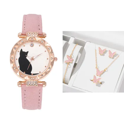 New Pop Female Fashion Watch Set: Simple Design, Kitten Theme Quartz Watch