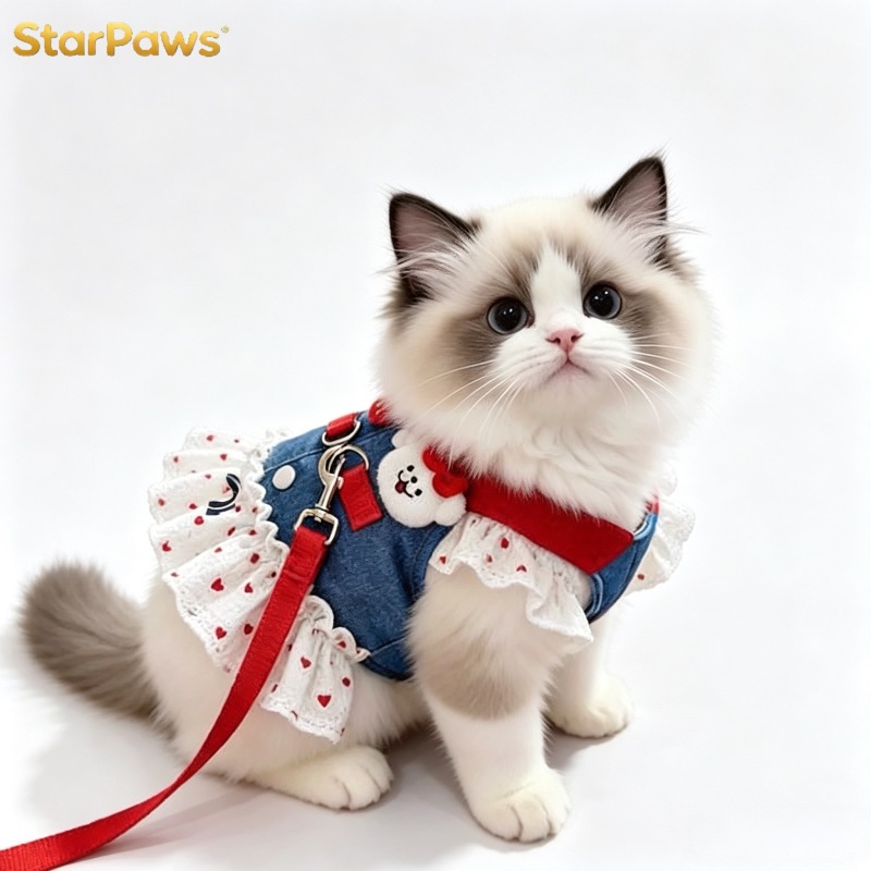 Breathable Cat Denim Dress with Harness