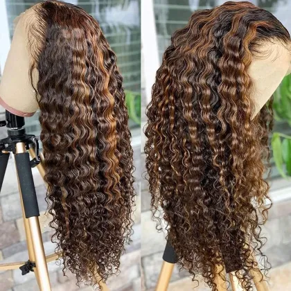 Uniky 13x4 HD Lace Brown Highlight Wig,Brown Blonde Highlights Deep Wave Lace Front Wig