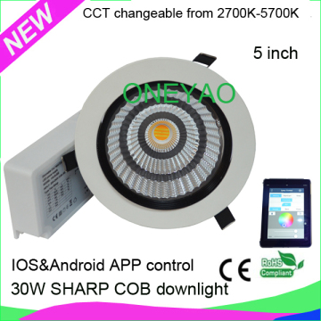 Made with SHARP COB 2700K to 5700K Android IOS APP control LED 30W dimmable CCT changeable WIFI downlight
