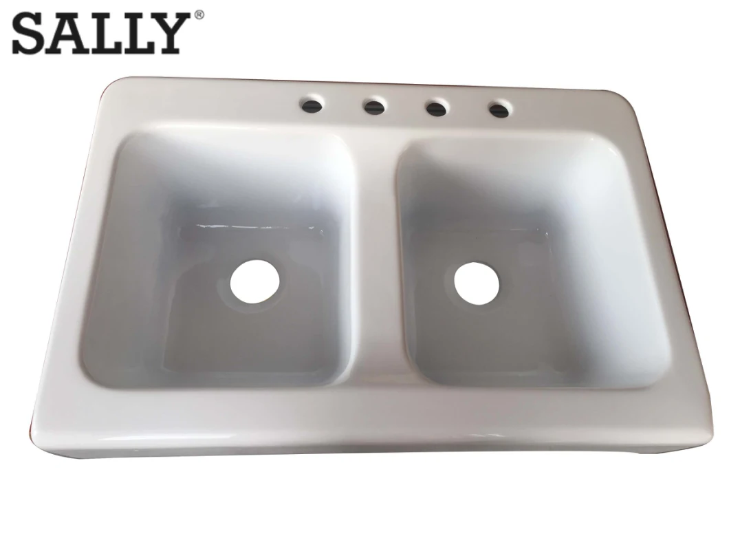 Sally White Acrylic 33.8X22.8X10.4 Inch Drop-in Basin Vanity Cabinet Washing Double Bowl Laundry Sink for Shower Room Bathroom or Kitchen