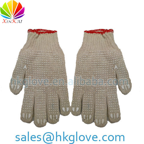 7Gauge Natural White Cotton Knitted Gloves White Pvc Dots HKA4080