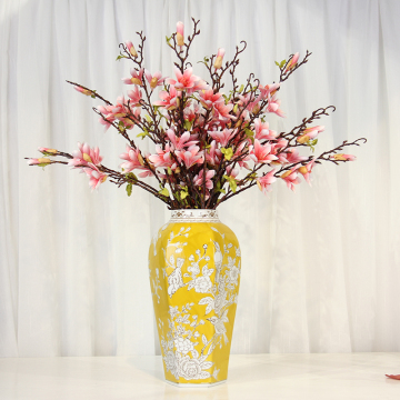 V144 Chinese Ceramic Flower Vase - Wedding Table Decoration Antique Porcelain Yellow Vase for Home Decor
