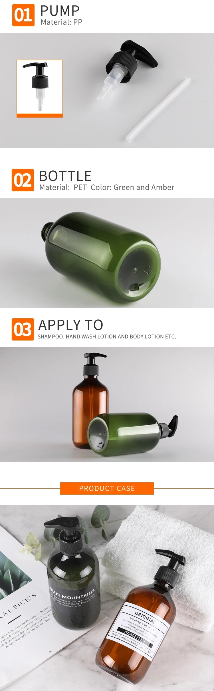 Wholesale Green Brown Empty Body Lotion Pump Bottle Eco Friendly Travel 300ml 500ml PET Plastic Shampoo Lotion Bottle 