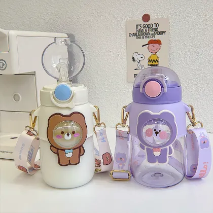 Cartoon Cute Plastic Cup High Temperature Portable Straw Cup Diagonal Strap Water bottle cute water bottle