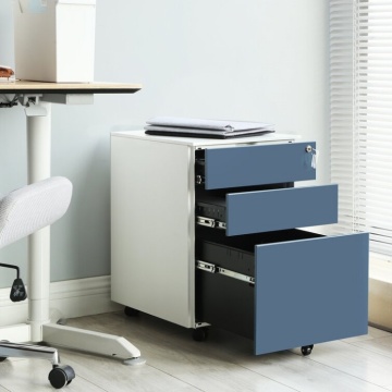 White and Blue Metal Rolling Vertical Pedestal File Cabinet - 39cm Wide with 3 Drawers, Steel Construction, Lockable and Mobile Office Pedestal
