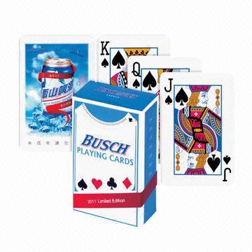 Advertising gift playing cards, plastic coated, water varnish, glossy lamination, linen finish