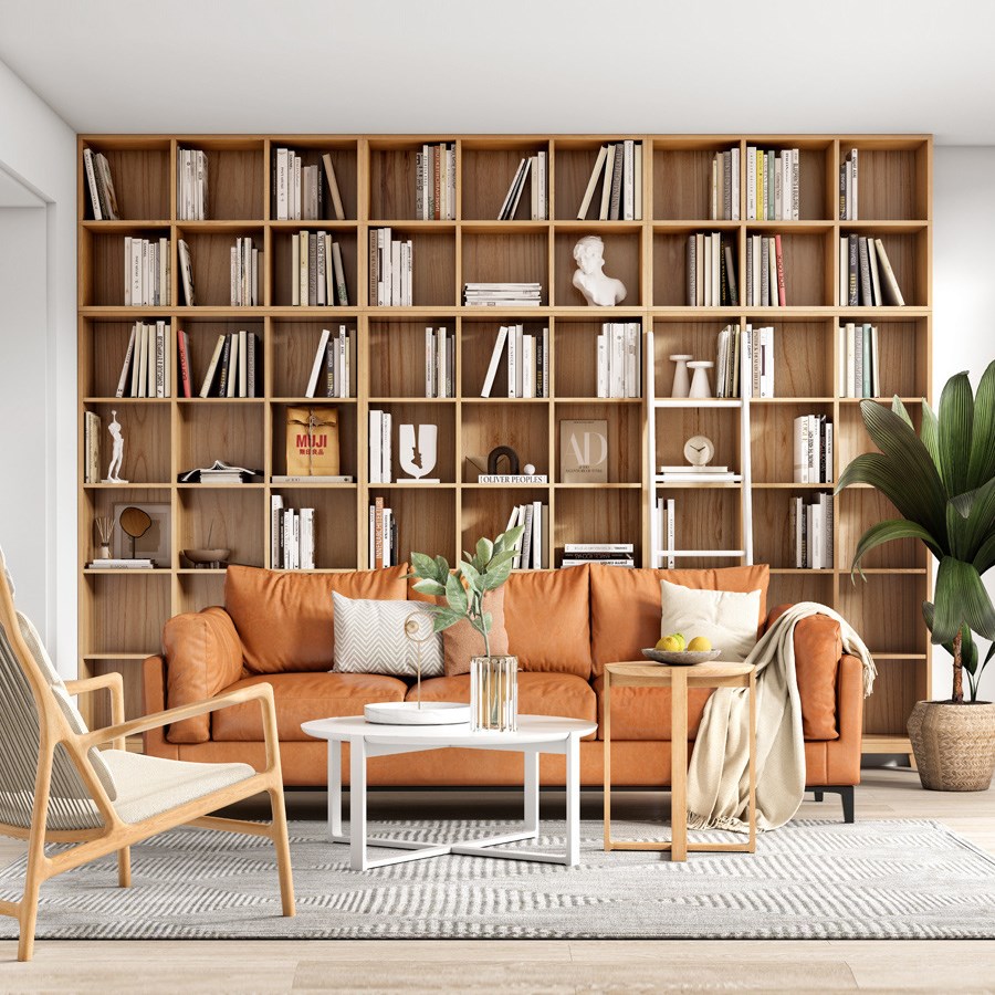 Mur de bibliothèque en bois avec beaucoup de rangement