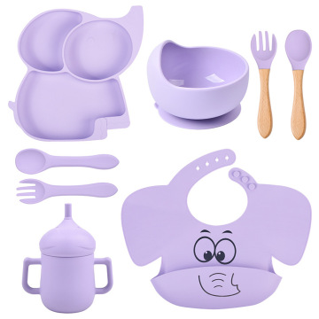 Juego de alimentación de silicona en forma de elefante de 8 piezas para niños: incluyendo tazas, cucharas, horquillas, babero, plato y tazón-Diseño impermeable e impermeable de BPA