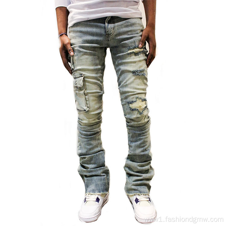 Custom Acid Wash Distressed Flare Stacked Jeans Pants