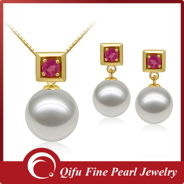 Classical 18K Solid Yellow Gold Tourmaline Natural Pearl Jewelry Set