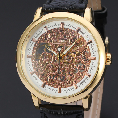 elegant rose golden skeleton watch with leather band