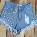 Varm sommaren hög midja baggy strass denim shorts