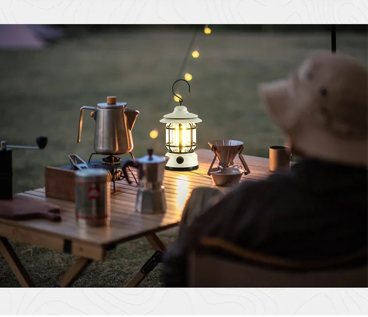 Linterna LED portátil para acampar con diseño retro y batería recargable