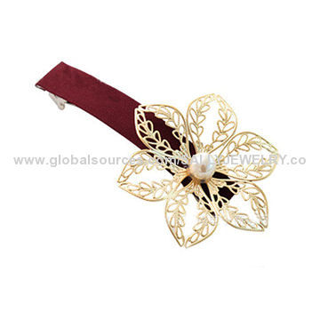 Alloy Hollowed-out Elegant Flower with Pearl Decorative Wholesale Barrettes, OEM/ODM Order Accepted