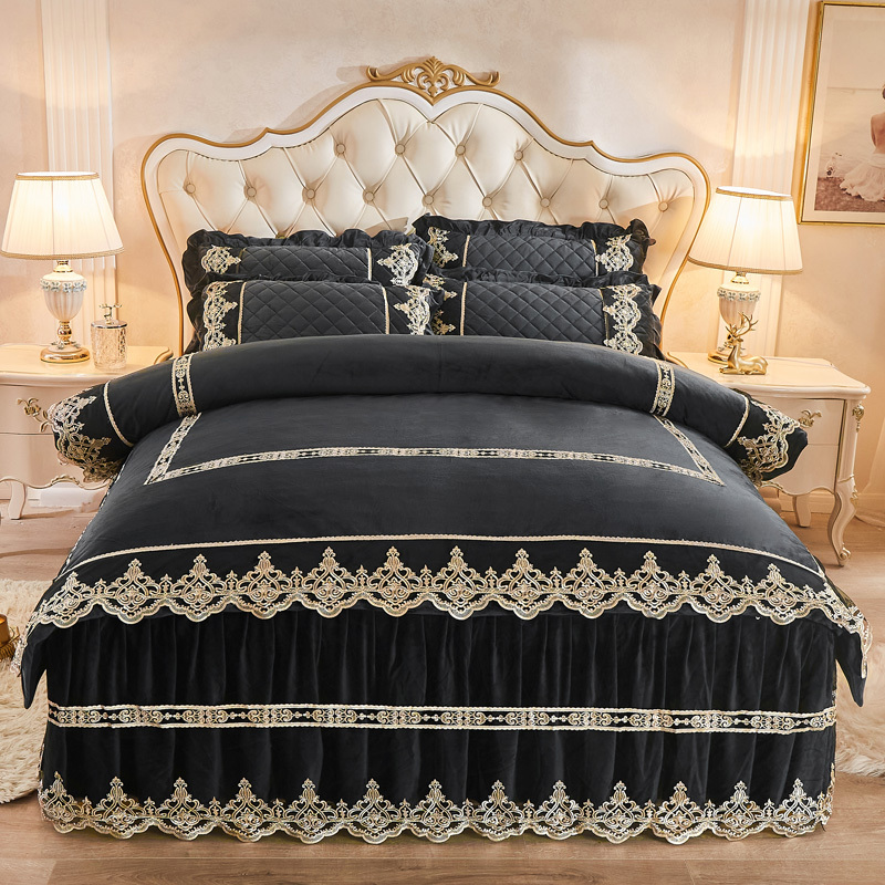 Quilted lace crystal velvet printed bedskirt sheet set