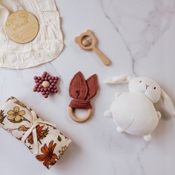 Organic Baby Swaddle Gift Set: Blanket, Hat, and Teether