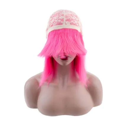 Hot sales virgin long pink human hair bob wig with bangs
