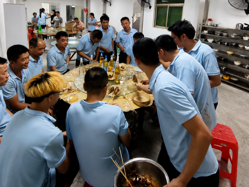 Our team eating together during the outdoor BBQ