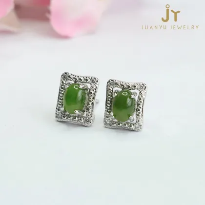 Square Jasper and Hetian Jade Sterling Silver Earrings: Precious Gemstone Jewelry
