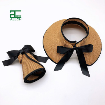 UV Sun Protection Straw Visor Hat dengan dasi kupu -kupu untuk wanita - Pengemasan karton ramah lingkungan