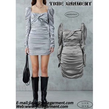Long Sleeve Puched Bodycon Silver Mini Dress