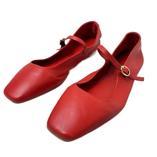 Shallow Famous ZA Shoes: Stylish Red PU Mary Jane Flats with Square Toe for Women, Including Large Size 42, Ideal for Females