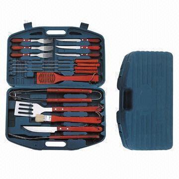 18-piece Barbeque Tool Set, Made of Stainless Steel, Natural Wooden Handle Materials