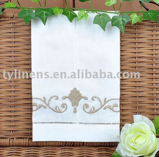 Linen machine embroidery and hemstitch guest towel
