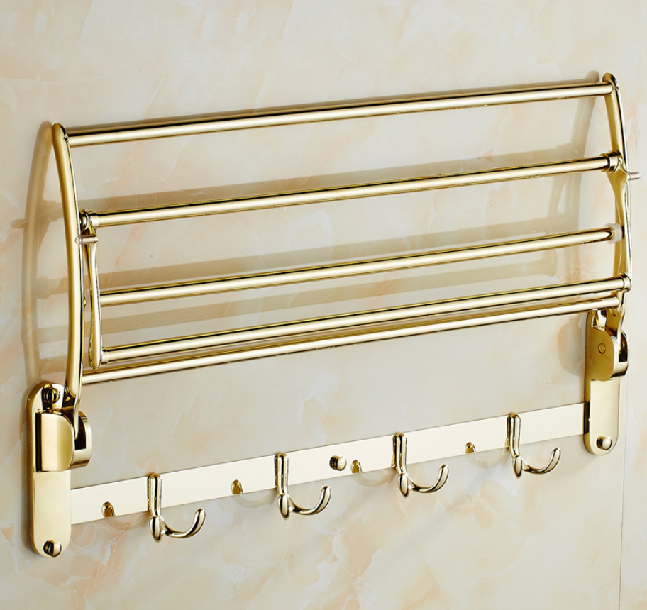 Estante de toalla dorado de acero inoxidable montado en la pared plegable para baño con ganchos extraíbles