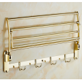 Folding Bathroom Wall Mounted Stainless steel Golden Towel rack Shelf with Removable Hooks  