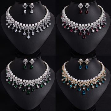 Pearl Teardrop Fringe Bridal CZ Jewelry Set
