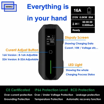 Fast Charging Home EV Charger: 8A 12A 24A 32A Wallbox & Portable Car Charger
