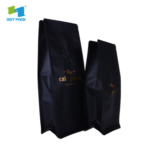 Bolsas de café negro mate reutilizables con fuelle de fondo plano