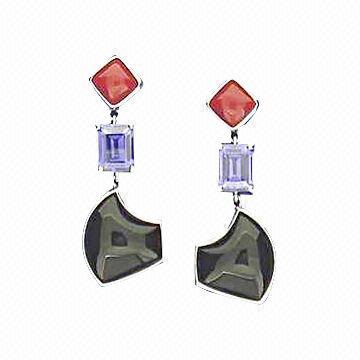 Fashion Earrings with Natural Black Onyx and Synthetic Coral in Rhodium Plating