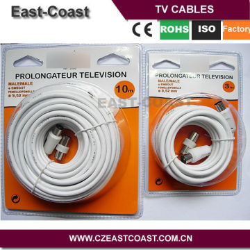 75Ohm White aerial cable 3c-2v coaxial cable with 9.5mm male to male connector