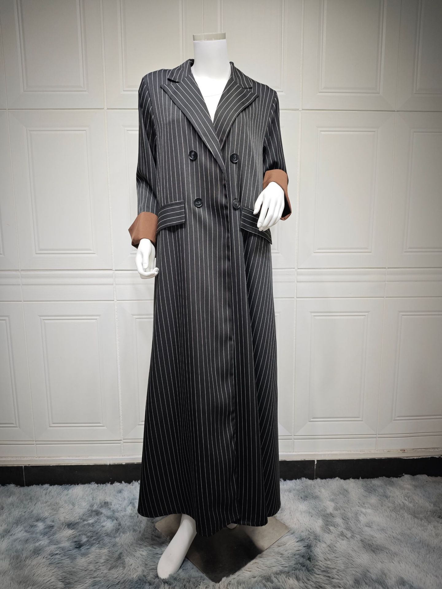 Women New Chic Fashion Long Sleeve Pockets Kimono Women Coat Long Sleeve Commuter Striped Abaya Dubai Clothing4