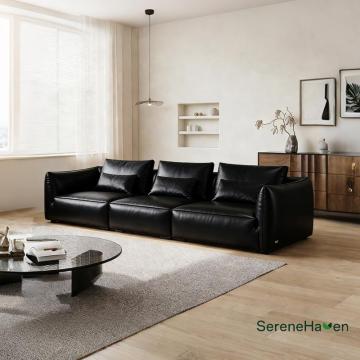 Black Timeless Curved Armrest Leather Sofa