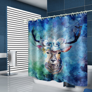 Deer Flower Waterproof Shower Curtain Blue Bathroom Decor