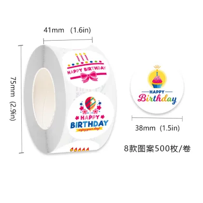 Round Happy Birthday Stickers - Self-Adhesive Vinyl Gift Envelope Decorations