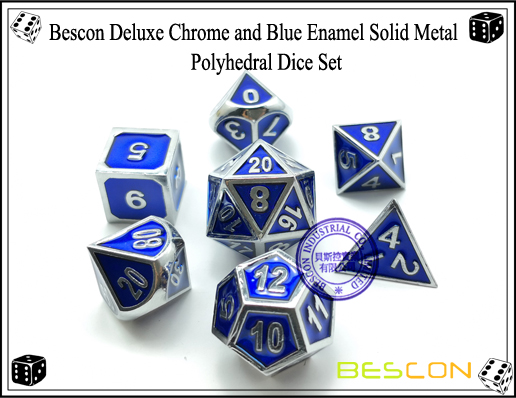 Bescon Deluxe Chrome and Blue Enamel Solid Metal Polyhedral Role Playing RPG Game Dice Set (7 Die in Pack)-2