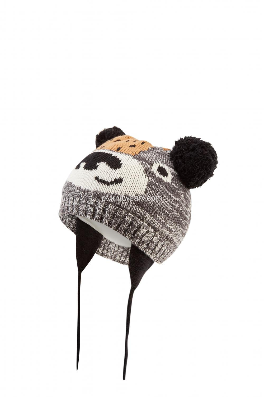 Gorro de urso de malha jacquard com pompons de menino feminino