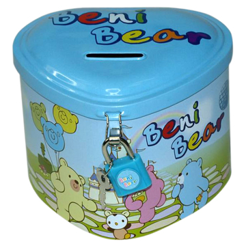 Tin money box with lock and key