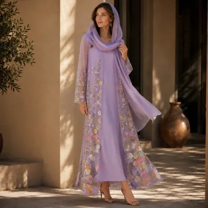 Lilac 3D Floral Mesh Open Abaya Set