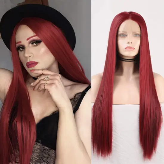 Middle Part Lace Front Human Hair Wigs #2B Red Burgundy Straight Lace Front Wig Remy Human Hair Half Hand Tied Wig Middle Part